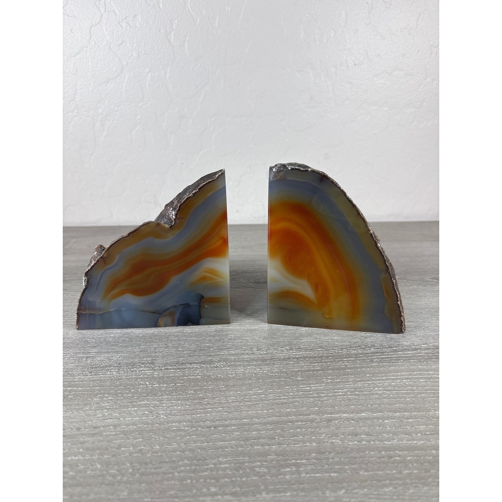 Natural Agate Geode Bookends Polished Stone Orange Blue Grey Boho Decor Set of 2